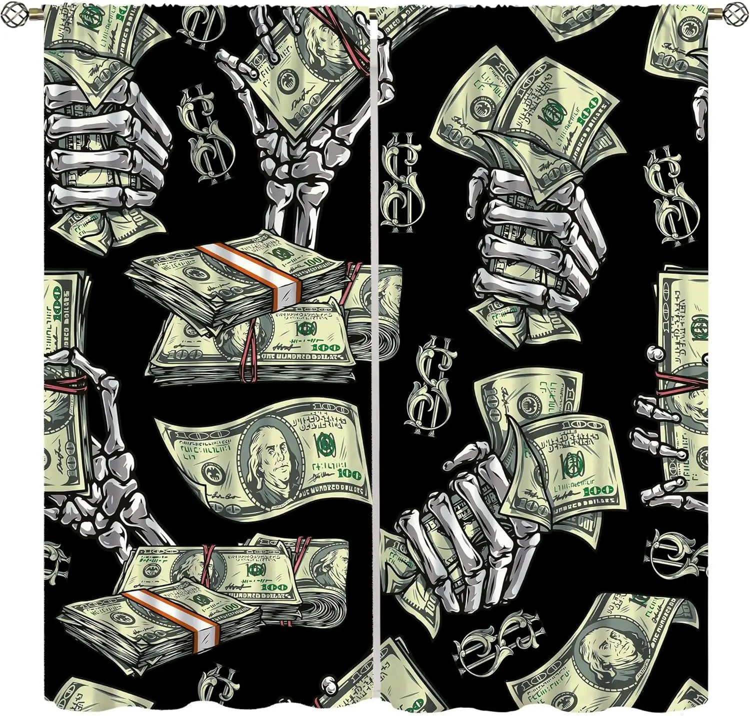 Banknote Decor Curtains for Bedroom,Cartoon 3D Skeleton Dollar Bill Money Window Drapes Print for Kids Boys Living Room