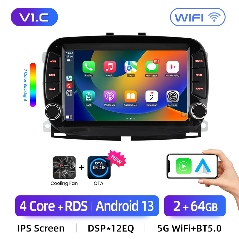 Junsun 7 "Draadloze Carplay Android Auto Radio voor FIAT 500 2016 2017 2018 2019 Stereo GPS Multimedia Speler 4G FM SWC