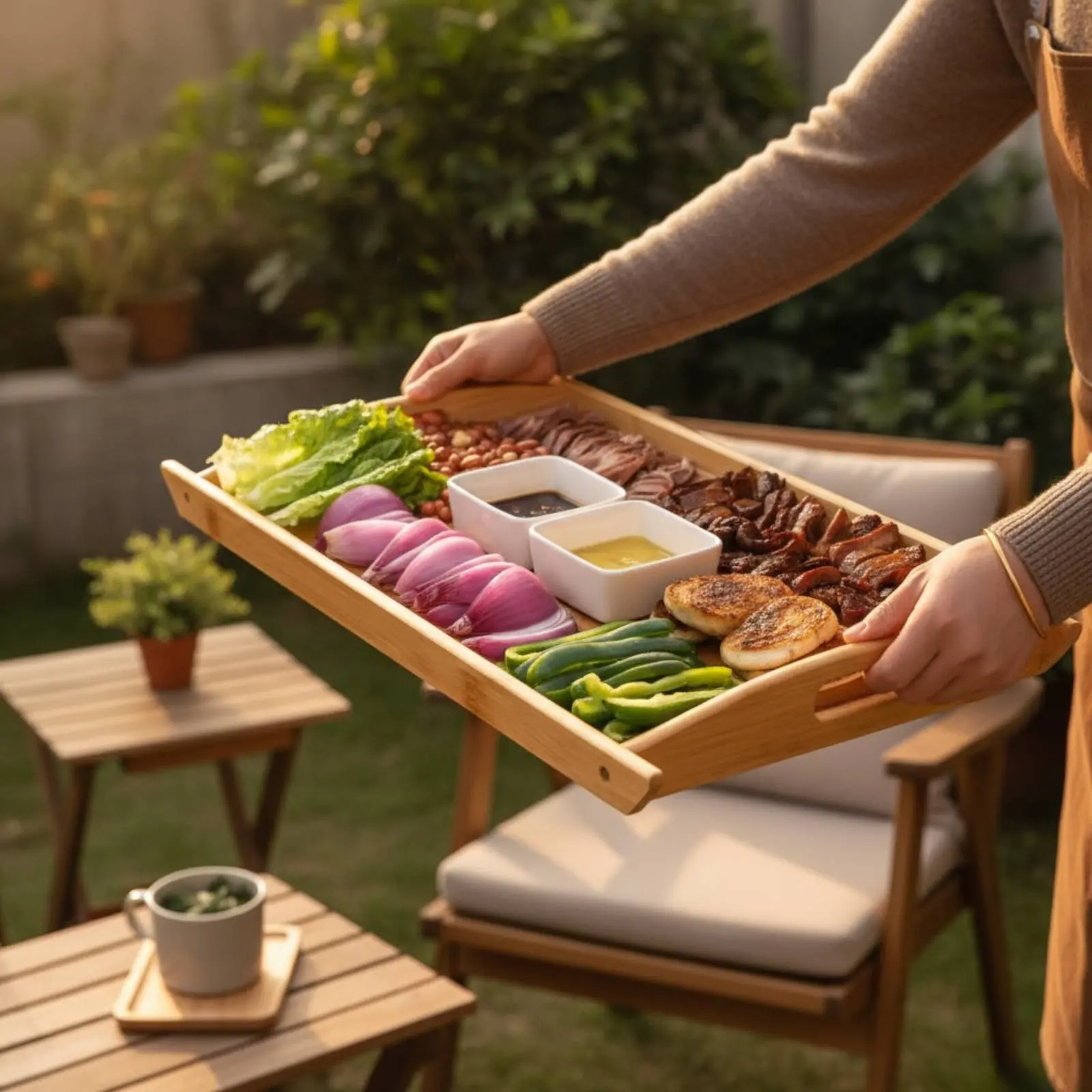 

Bamboo Serving Tray with Handles Multipurpose Nesting Bamboo Trays Kitchenware for Kitchen