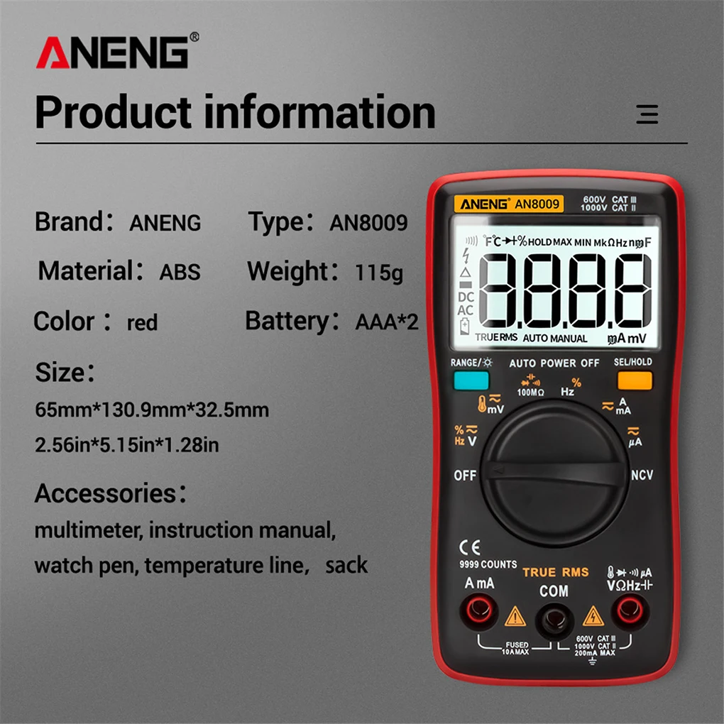 Imagem -06 - Aneng-lcd Multímetro Tester Voltímetro Medidor Portátil Multifuncional Detector Inteligente Vermelho Luz de Fundo An8009