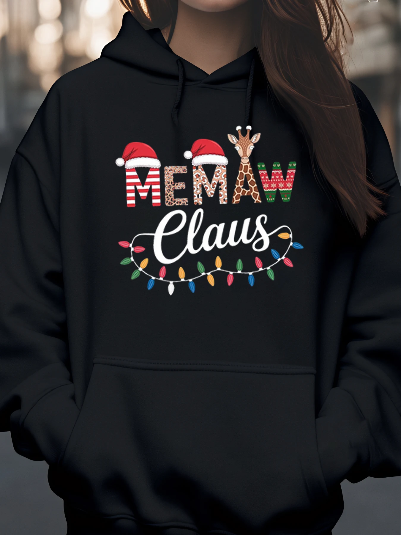 

Жираф Санта-Клаус Шляпа Мамав Клаус Рождественские огни Толстовка Праздничный подарок для бабушки