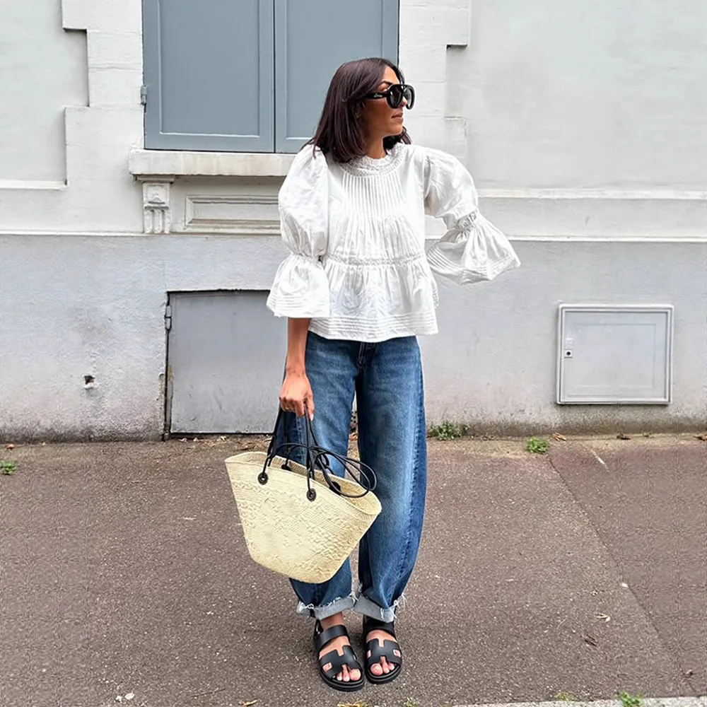 

Ruffled Hem Auutmn Women's Blouse Round Neck Lace-paneled Long Sleeve Lady's Shirt Instagram-Style Chic Outwear For Female