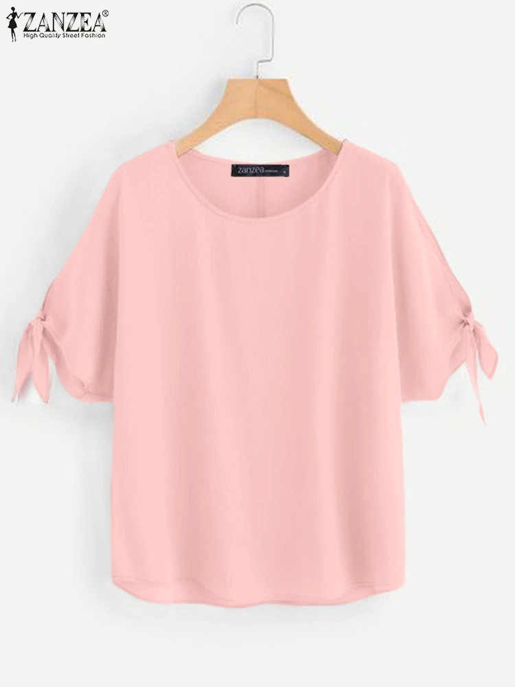 Zanzea Elegante Vrouwen Blouses Streetwear 2025, Zomer Mode Ronde Hals Gebonden Uitsparing Bladerdeeg Mouw Blusas Mujer Effen Kleur Tops