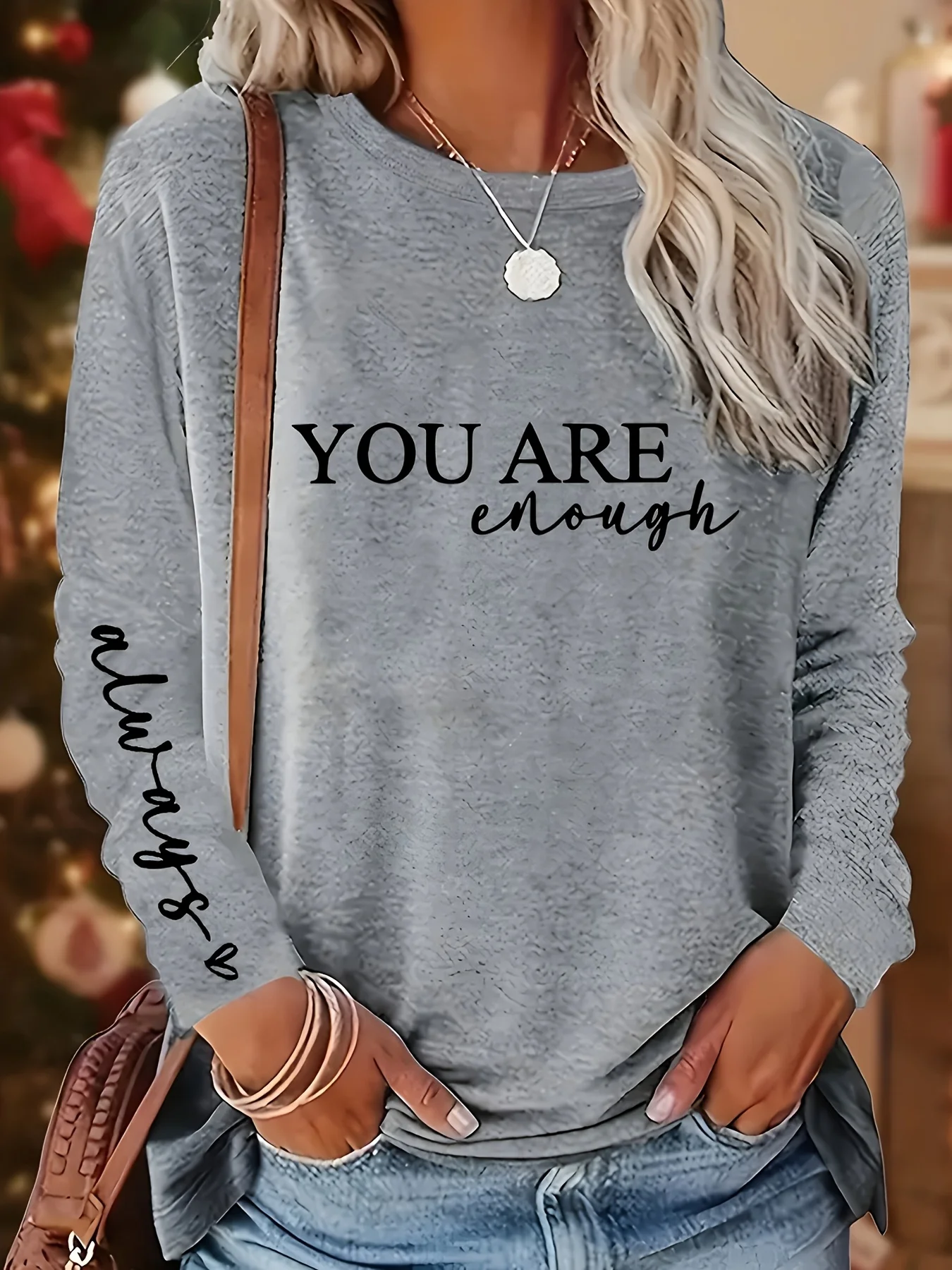 Camiseta holgada informal de algodón 100% para primavera y otoño para mujer, camiseta de manga larga con cuello redondo y estampado You Are Enough