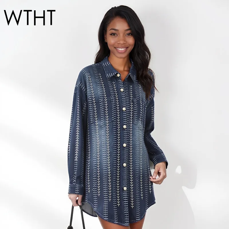 

Модная женская джинсовая рубашка WTHT с жаккардовым узором «пшеничный колос» и стразами, весна 2026, с отложным воротником, длинными рукавами, свободного кроя, модель 1LS2891