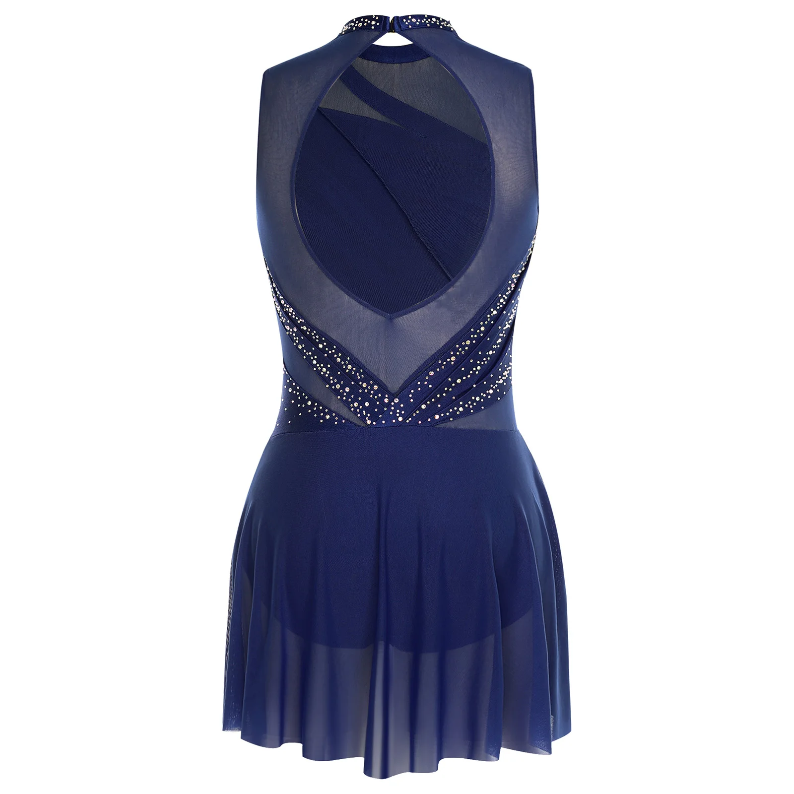 Womens Shiny Rhinestone Gymnastics Figure Skating Dresses Ballet Jersey Lyrical Dance Performance Costume Ruched Dance Dress