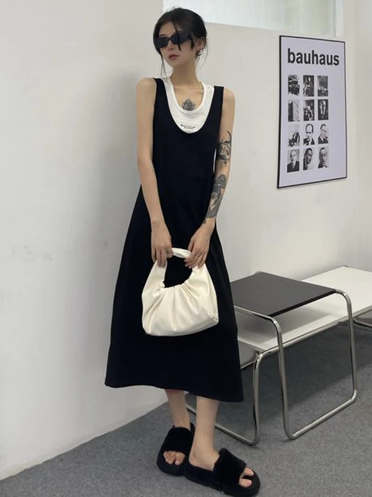 Two Pieces Sets Women Sporty Korean Style Casual Loose Basic Vintage Sleeveless Tanks Solid Dresses All-match Chic Temperament