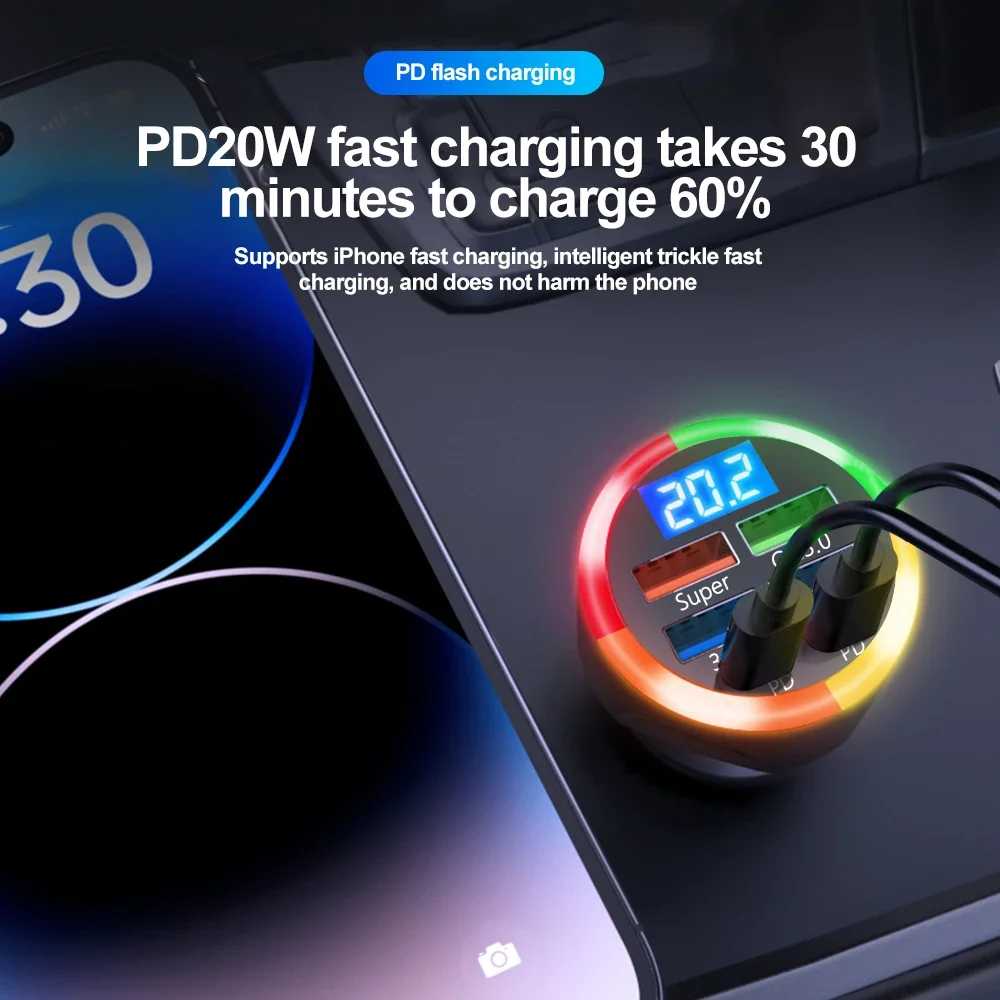Carregador de Carro 200W QC3.0 Tipo-C com Carregamento Rápido e Case Transparente PD para iPhone 15 14 13 12 Xiaomi Poco Samsung