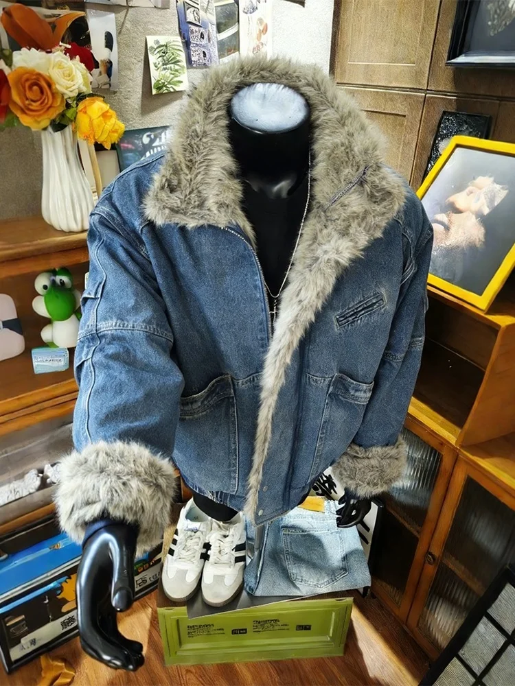 

Thiened Denim Cotton Workwear Jaet Men's Women's Winter Coat with Fur Collar American Deconstructed Waed Sle