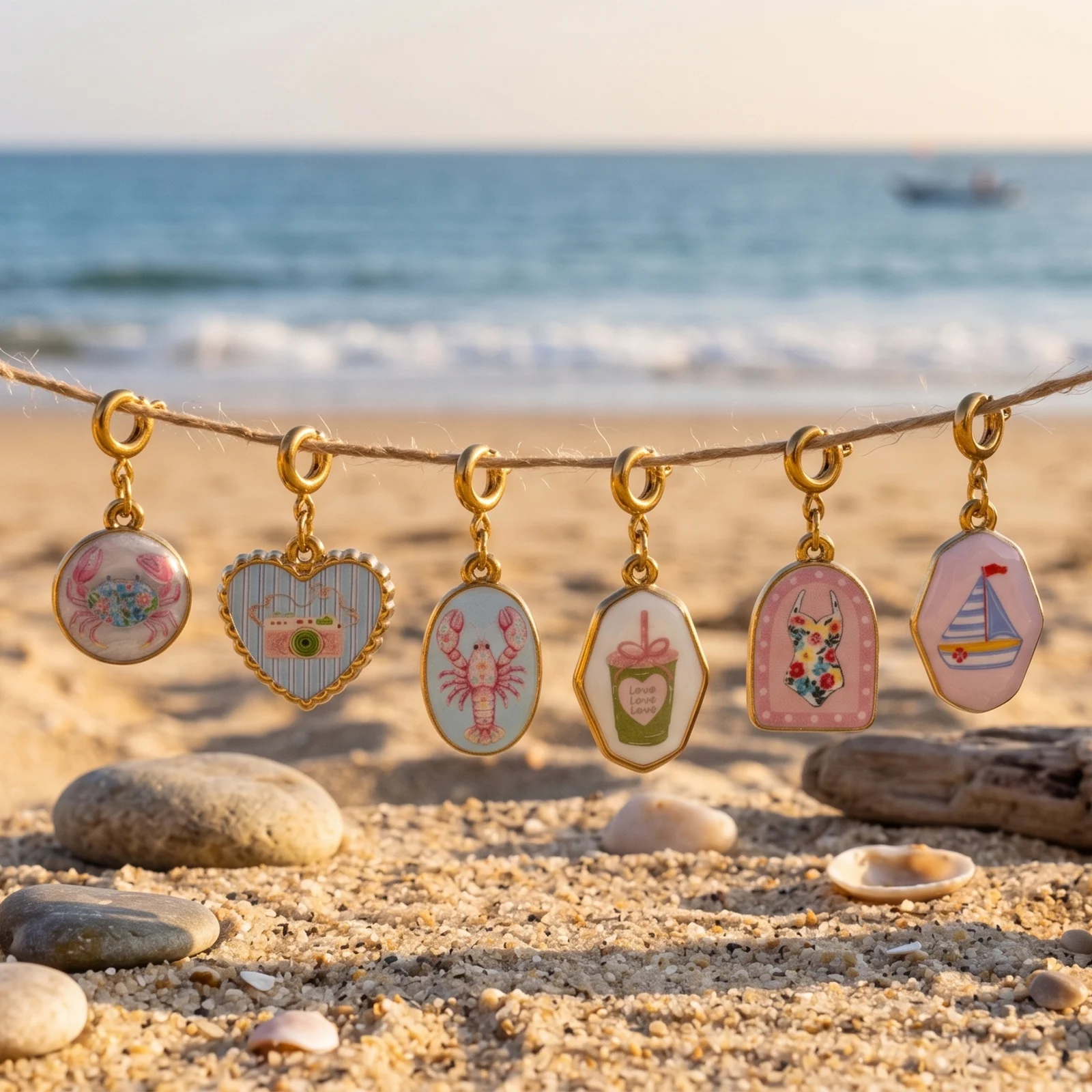 1pc Ocean Beach Charms Crabs Lobster Print 304 Stainless Steel 18KGold Plated Spring Clasp Pendant Bikini Ornament DIY Wholesale