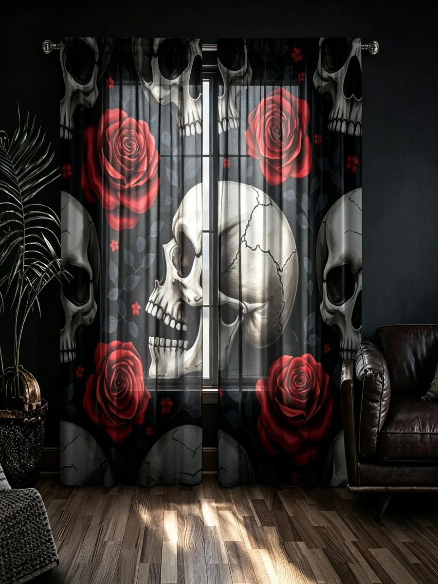 2PCS Digital Print Curtains, Skull Red Rose Gothic Black, Romantic Goth Rod Pocket Drapes for Bedroom Living Room