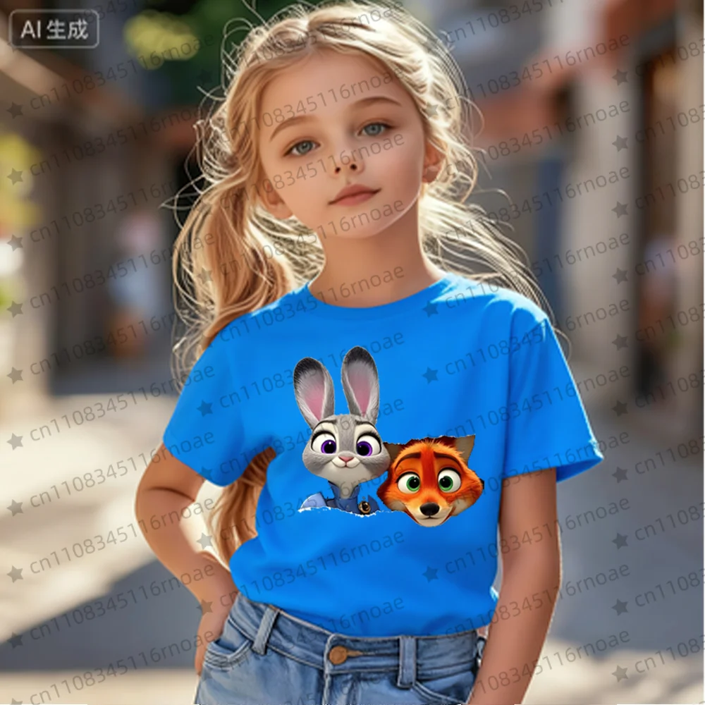 ديزني Zootopia 2 الأطفال قصيرة الأكمام تي شيرت أزياء لطيف الأرنب والثعلب الكرتون تصميم الفتيات والفتيان الملابس