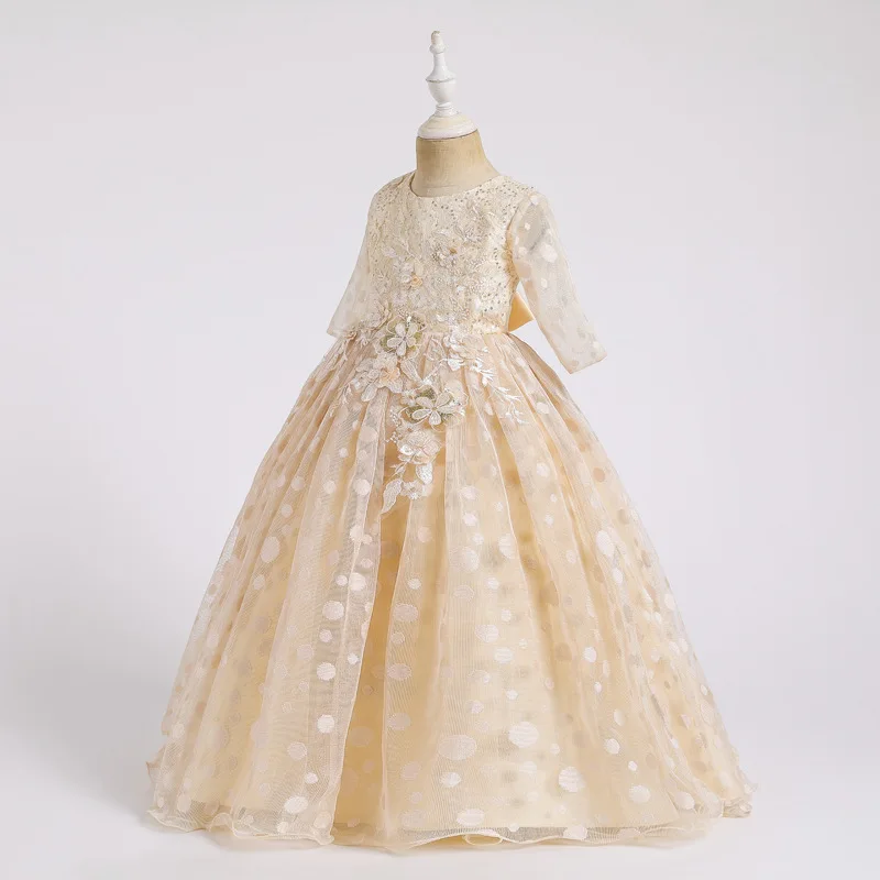 Robe de princesse à pois à manches longues pour filles, jupe de décoration, robes de demoiselle d'honneur, tenue de Rh, spectacle de piano