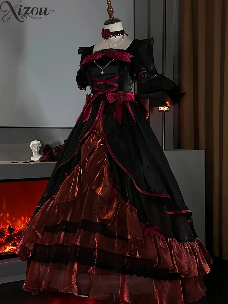 

Gothic Lolita Ball Gown Red Floral Elegant Dress Elegant Princess Style Spring and Autumn Wedding Birthday Adult Long Dresses