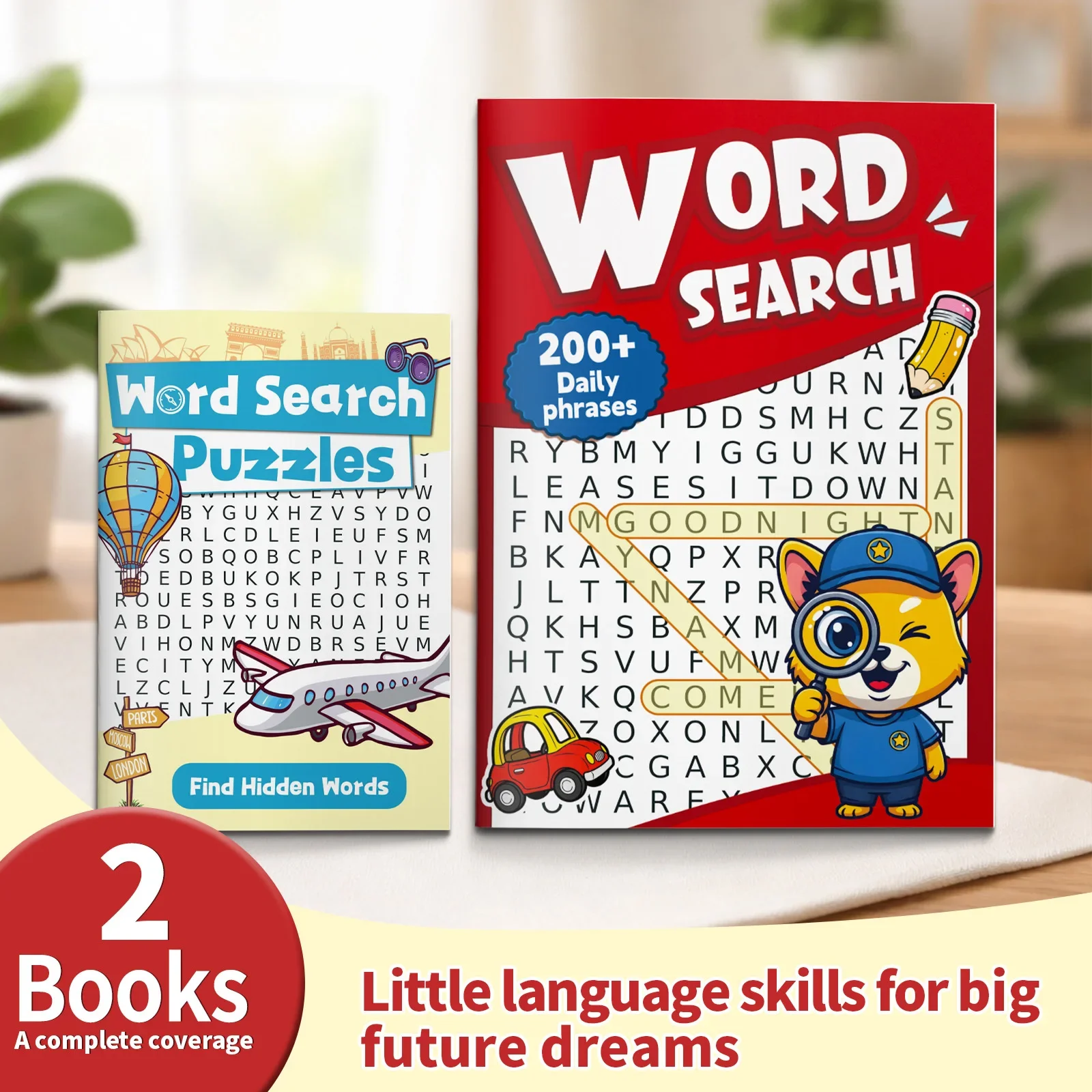 2-Book Set Word Search Puzzle Books for Kids, Hidden Word Finder and Daily Phrase Search Activity Collection
