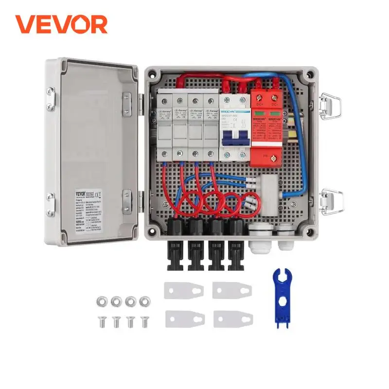 VEVOR PV Combiner Box 4 String / 6 String Solar Combiner Box 10A / 15A Rated Current Fuse for On / Off Grid Solar Panel System