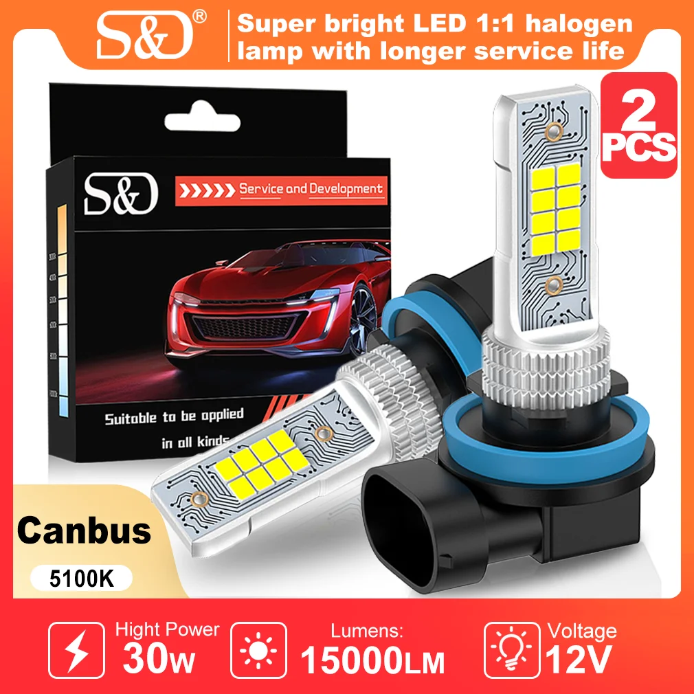 

S&D 2pcs H11 H8 LED Light 9005 HB3 9006 HB4 Car Fog Light 15000LM 30W Led Lamp Super Bright Driving Running Light 5100K White