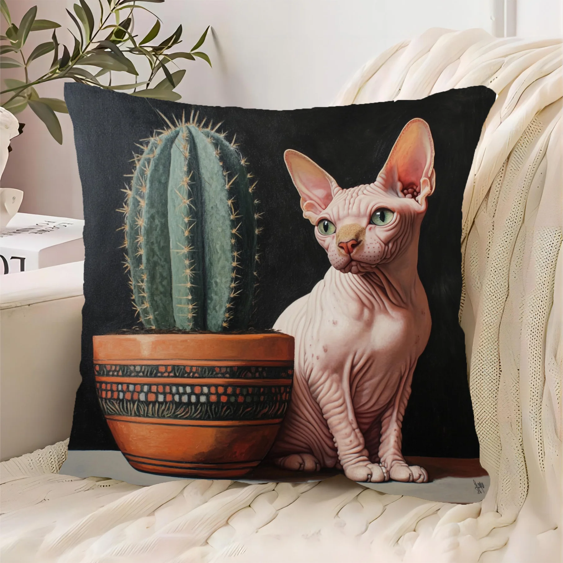 Funny Cat and Cactus Pillow Case Throw Pillow Cushion Cover for Sofa Couch Home Decor Gift