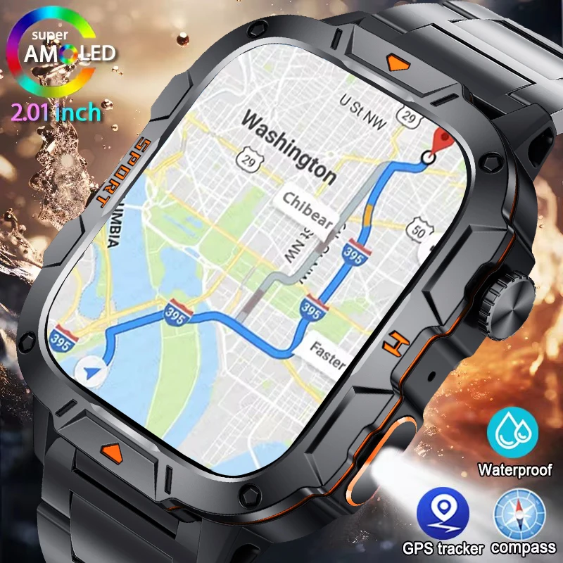 

2025Новые военные умные часы с GPS на открытом воздухе, мужские фонарики, водонепроницаемый спортивный трекер на открытом воздухе, Bluetooth-вызовы, умные часы для мужчин