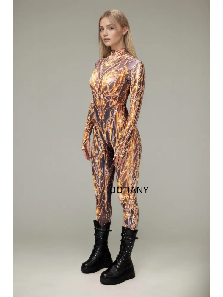 Gotischer, mehrfarbiger, eng anliegender Bodysuit mit goldenen Musterlinien, Galaxy-Blumenmuster, Cosplay-Catsuit, Halloween-Rollenspiel, Bühnen-Rave-Outfit, Jumpsuit 2026 – Detail 12
