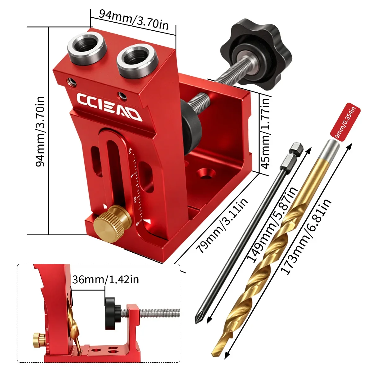 Verstellbares Taschenloch-Bohrvorrichtungs-Set, Aluminium-Holzbearbeitungs-Schrägloch-Lokalisierer mit 9mm Bohrer für Möbel- und Schrankherstellung – Detail 4