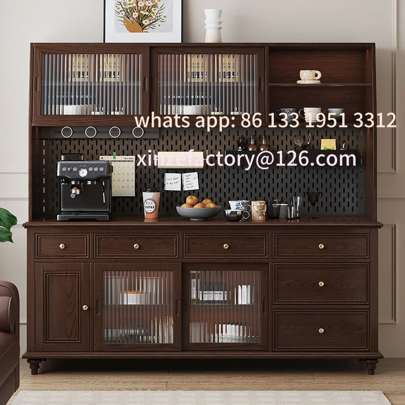 

Solid wood dining side cabinet integrated storage against the wall American retro multi-functional double-layer new Chinese kitc