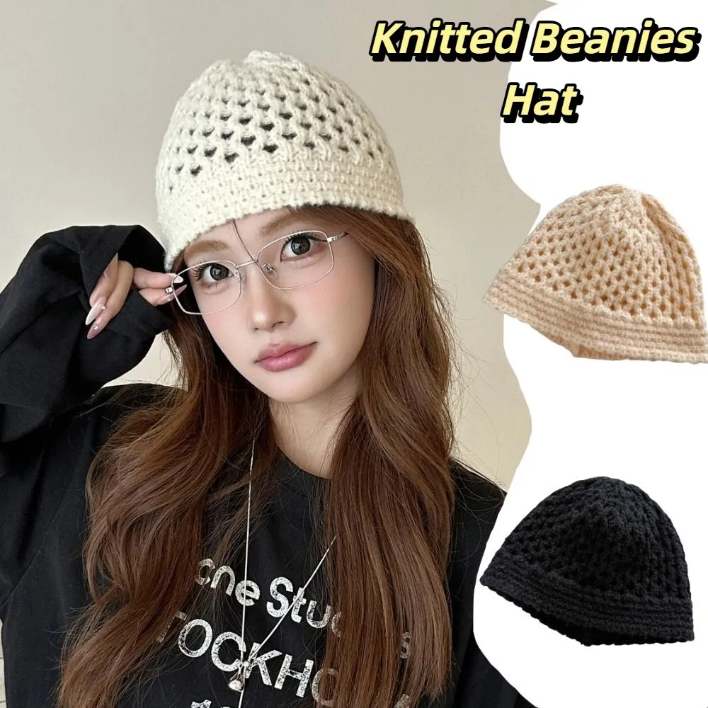 

Casual Bohemian Style Knitted Beanies Hat Thin Korean Crochet Pullover Hat Hollow Out Breathable Weave Cap Girls