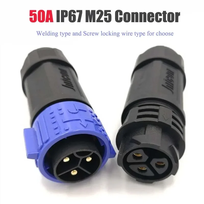 50A M25 2 3 Pin Waterproof Connector IP67 Male Female Connectors 6-18mm 300V High Current Docking Soldering/Screw Lock Wire Plug