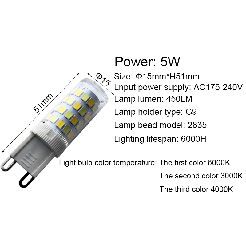 LED Bulb G9 5W AC220V SMD2835 360 Beam Angle Cold/Warm Neutral Light Chandelier Replacement for Halogen Lamps