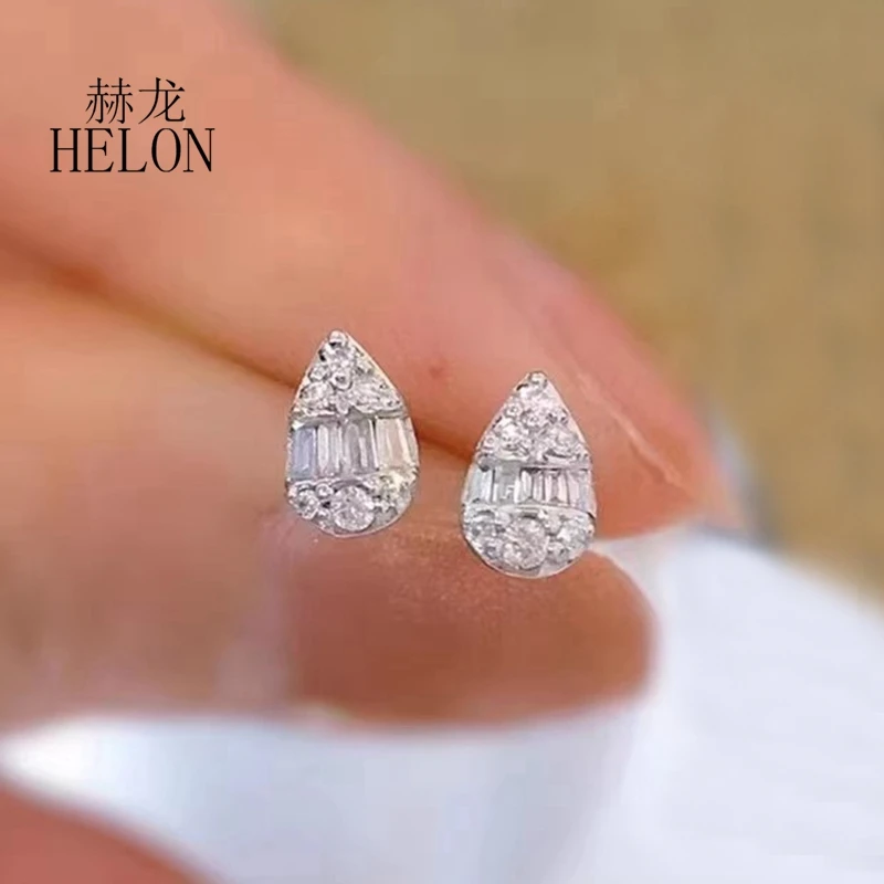 HELON Solid 18K White Gold Earring Natural Diamond Earring AU750 Women Stud Earrings Trendy Fine Jewelry Water Drop Shape Design