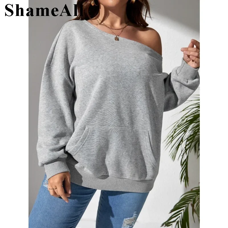 Women's Plus Size Light Grey Loose Asymmetrical Neck Sweatshirt Sexy OffShoulder Tops Casual Chic  Pullover