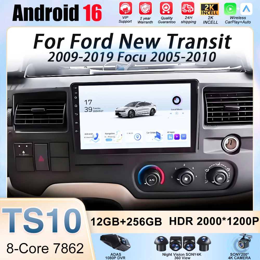 Android Auto NO 2din Head Unit For Ford New Transit 2009-2019 Focu 2005-2010 Car Radio Carplay Multimedia Video Player Bluetooth