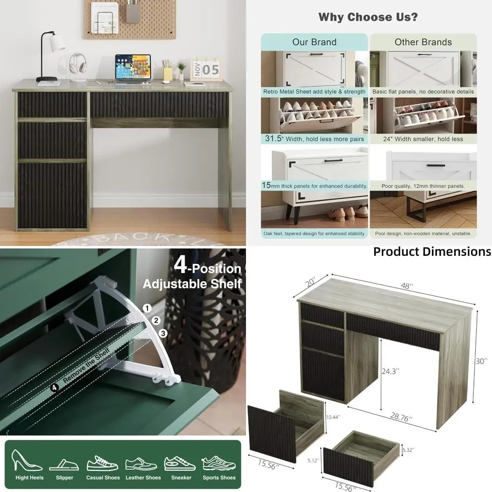 48 Inch Compact Desk with Drawers and Storage Cabinet, Wooden Desk with Hidden Handles