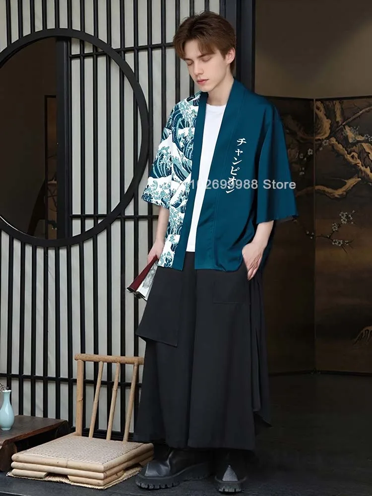 Men Casual Kimonos Japanese Style Letter Print Haori Yukata Cardigan Summer Women Harajuku Loose Fit Open Front Shirts