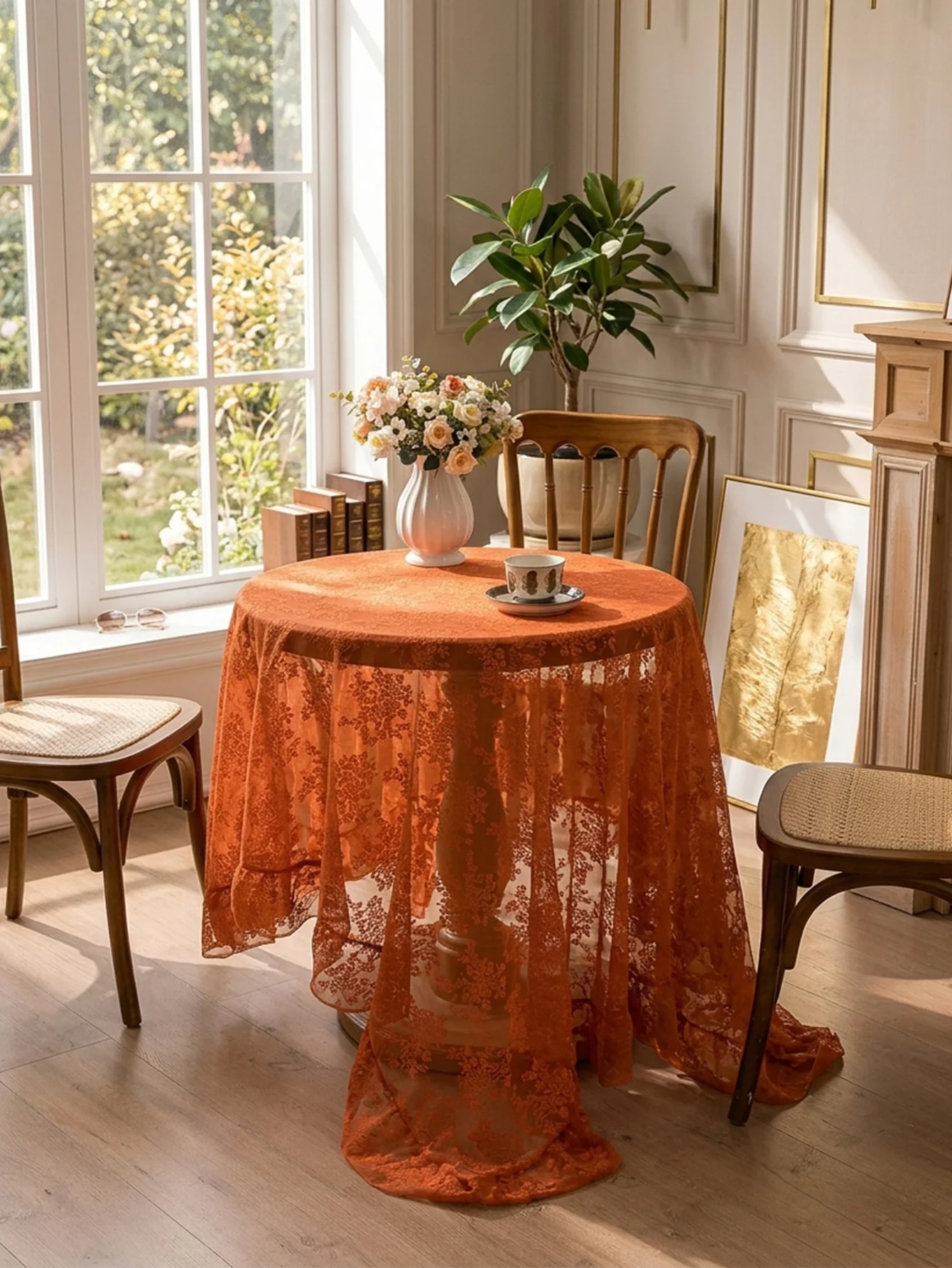 Elegant Rust Orange Lace Tablecloth, Romantic Rustic Table for Afternoon Tea, Fall, Thanksgiving Party Decor