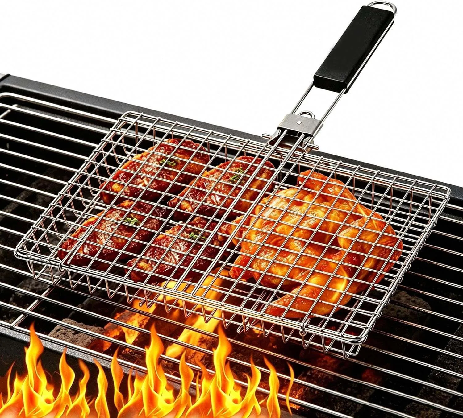 Portable BBQ Grill Basket,Stainless Steel Folding Portable Outdoor Camping Rack for Fish, Shrimp, Vegetables, Cooking Accessories, Gifts for Dad, husband, Friends
