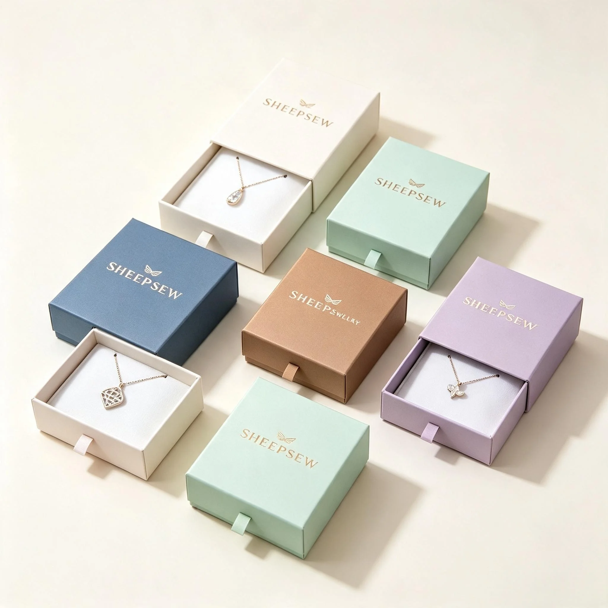 50pcs Sheepsew Recyclable Drawer Gift Boxes Custom Logo Rigid Cardboard Paper Box for Jewelry Necklace Earrings Packaging