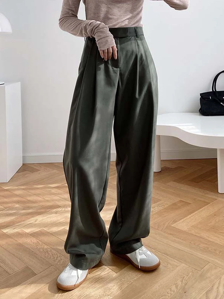 [LANMREM] High Waist Straight Pant For Women Solid Wide Leg Trousers Office Lady Clothing Fashion 2025 spring New 26D9925