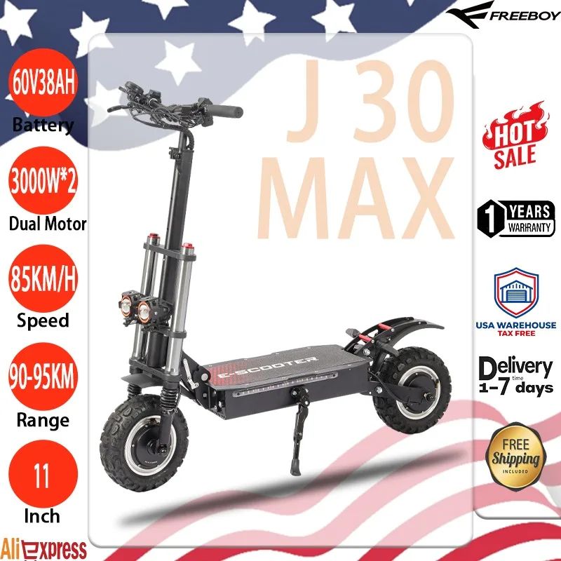 

Электрический скутер J30max, двойной мотор, 6000W60V38AH, аккумулятор, 100 км/ч, электронный скутер, 11-дюймовые вездеходные шины, складные эскотеры для поездок на работу