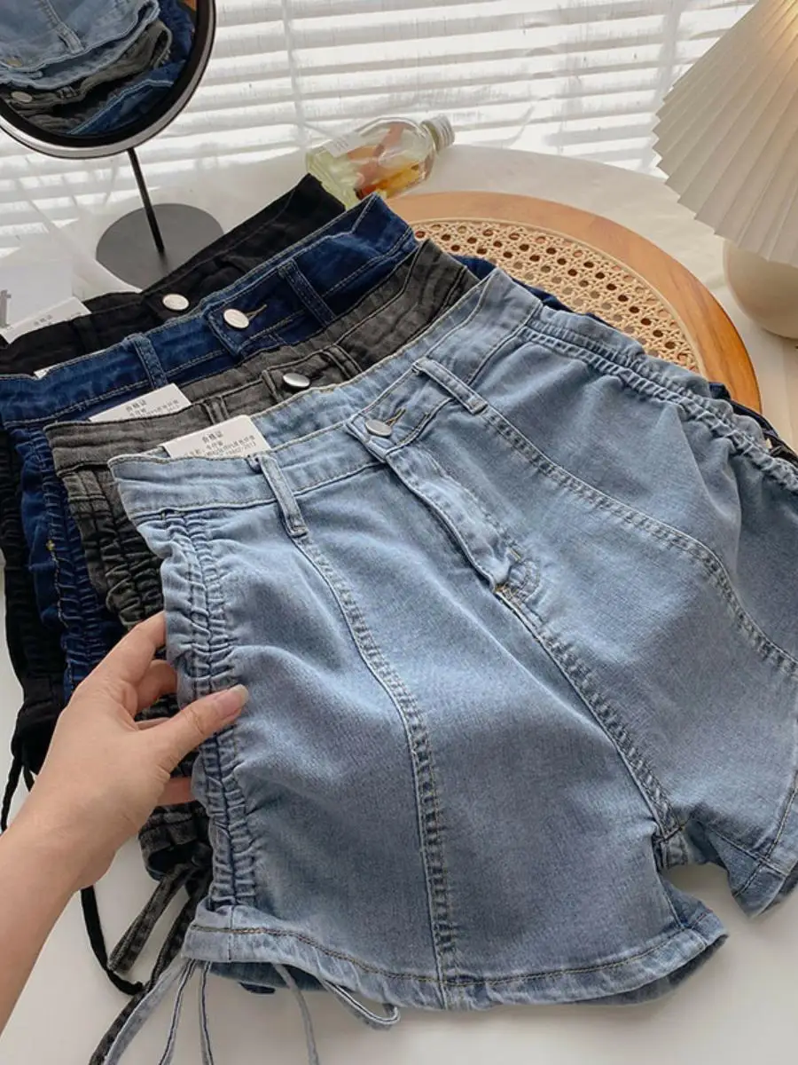 

High Waist Wide Leg Denim Shorts Women's Drawstring Elastic A-Line Tight Hot Pants Summer New Style Casual Fashion