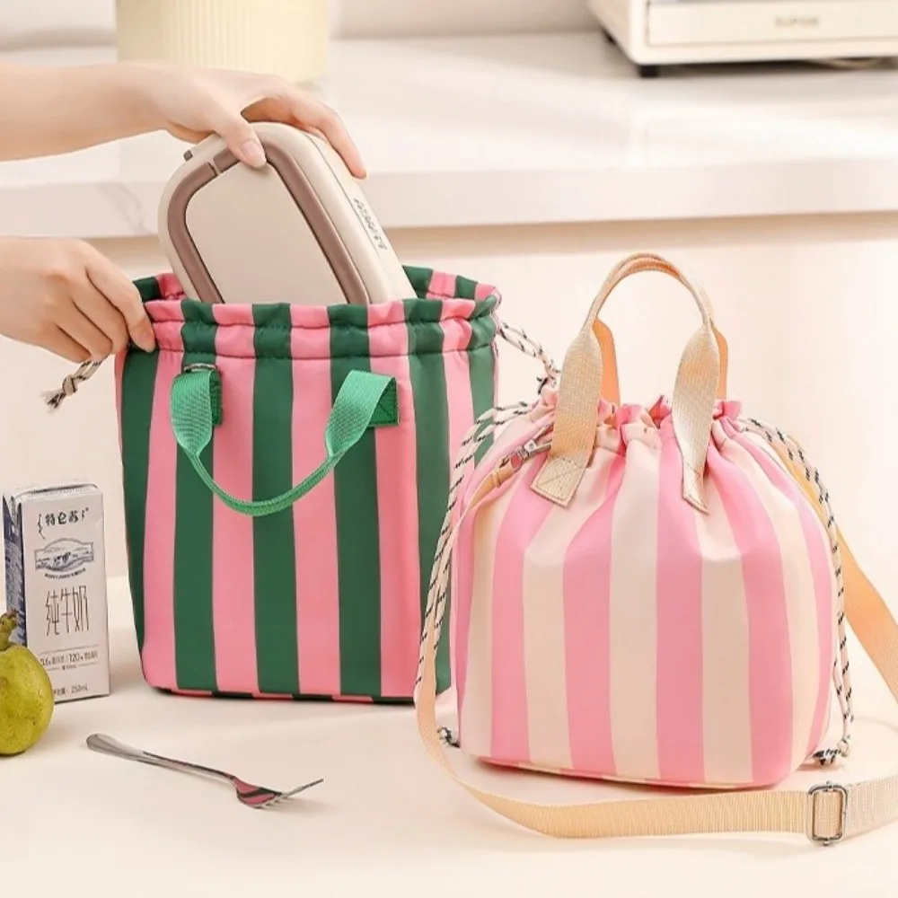 Color Block Drawstring Lunch Box Bag Striped Aluminum Foil Liner Picnic Bag Adjustable Detachable Shoulder Strap Waterproof