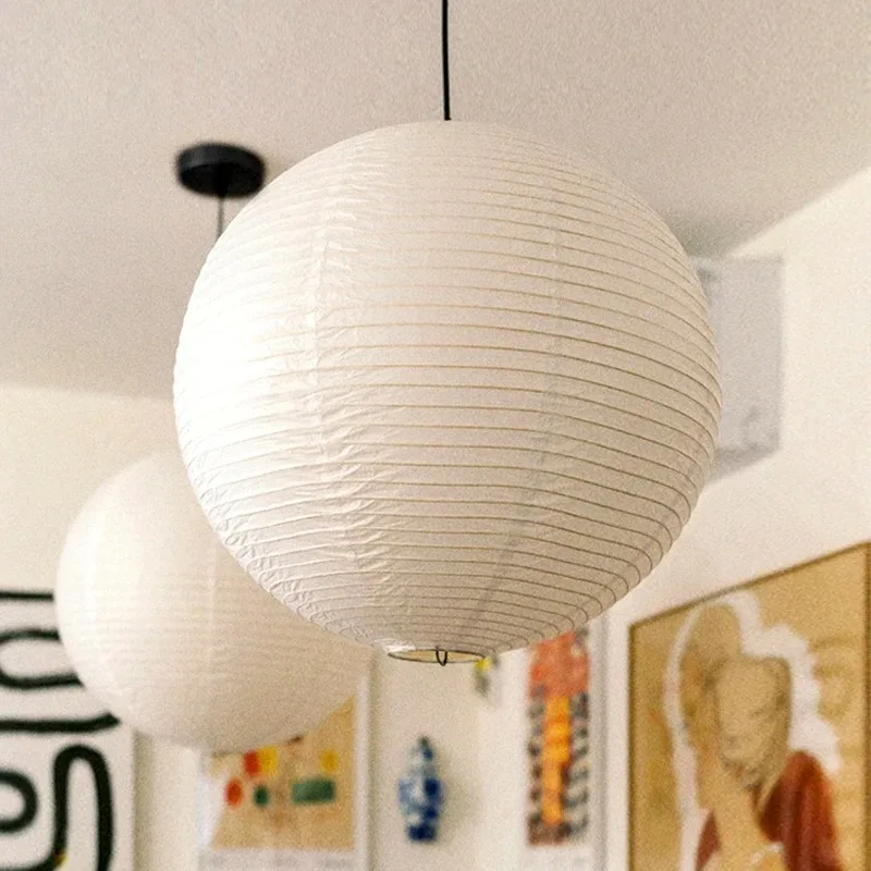 Wabi Sabi Japanese Wind Round Rice Paper LED Pendant Light For Living Dining Room Nordic Loft Chandelier Home Decor Lamp