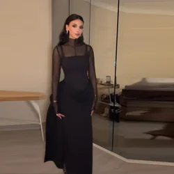 Stylish Lady Mesh See Long Sleeve Splicing Dress Elegant Evening Gown Women's 2026 New Luxury Boutique Club Party Dresses