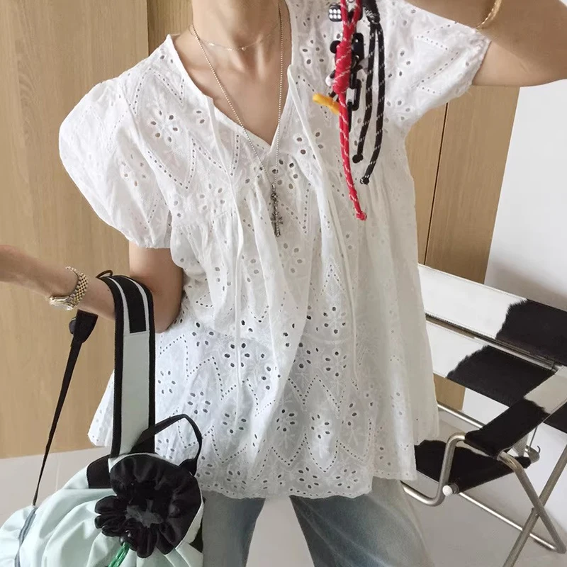 Bubble allentato Sve irt Donna Estate New Sle Sweet Sle V-ne Ricamo floreale Top ampio per giovani donne 8-24