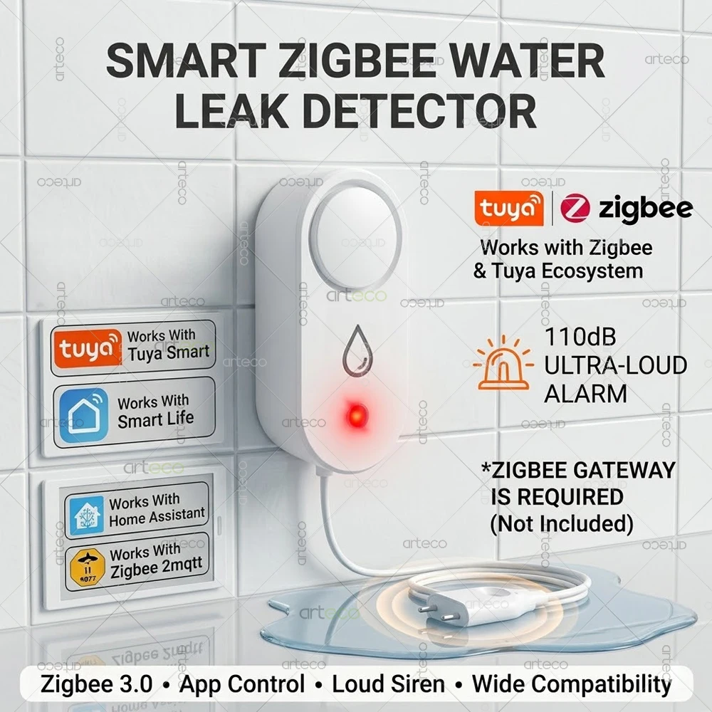 

Умный детектор утечки воды Zigbee со звуковой сиреной 110 дБ, обнаружение утечек воды в реальном времени, оповещение о безопасности умного дома для Tuya Z2M