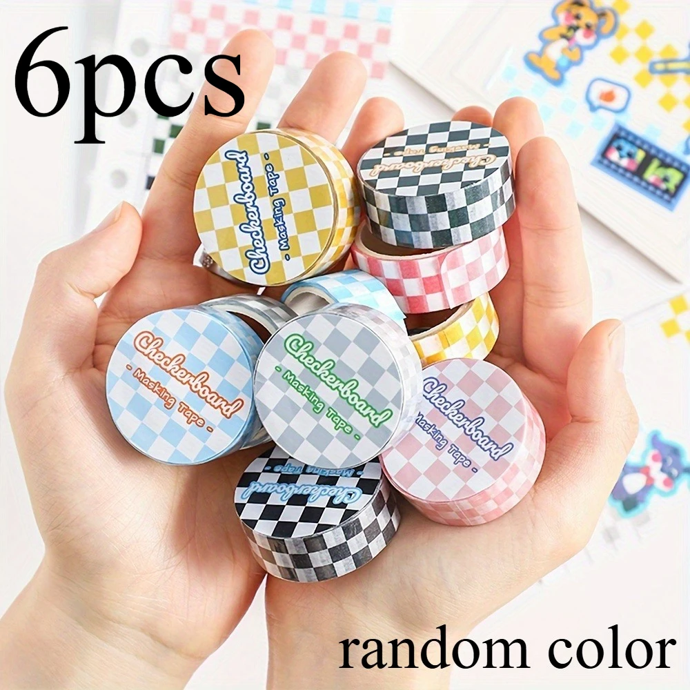 6pcs Chessboard pattern series and adhesive tape fresh checkered pattern DIY paper creative stickers for notebook materials