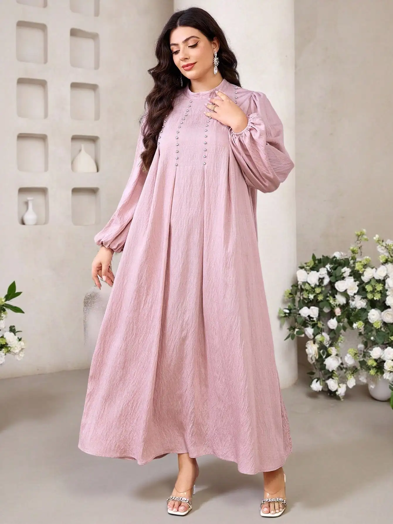 

Plus Size Women Elegant Solid Pink Crystal Embellished Arabic Style Maxi Dress