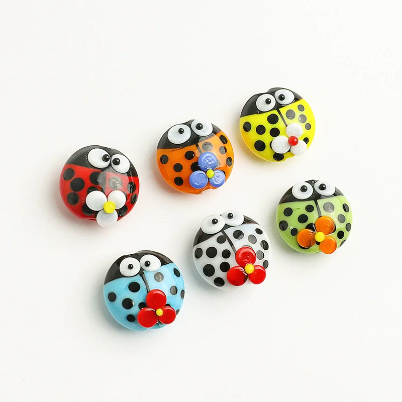 5pcs 13x13mm Cute Ladybug Glass Beads Handmade Lampwork Flower Ladybird Bead For Jewelry Making Charm Pendant  Accessories