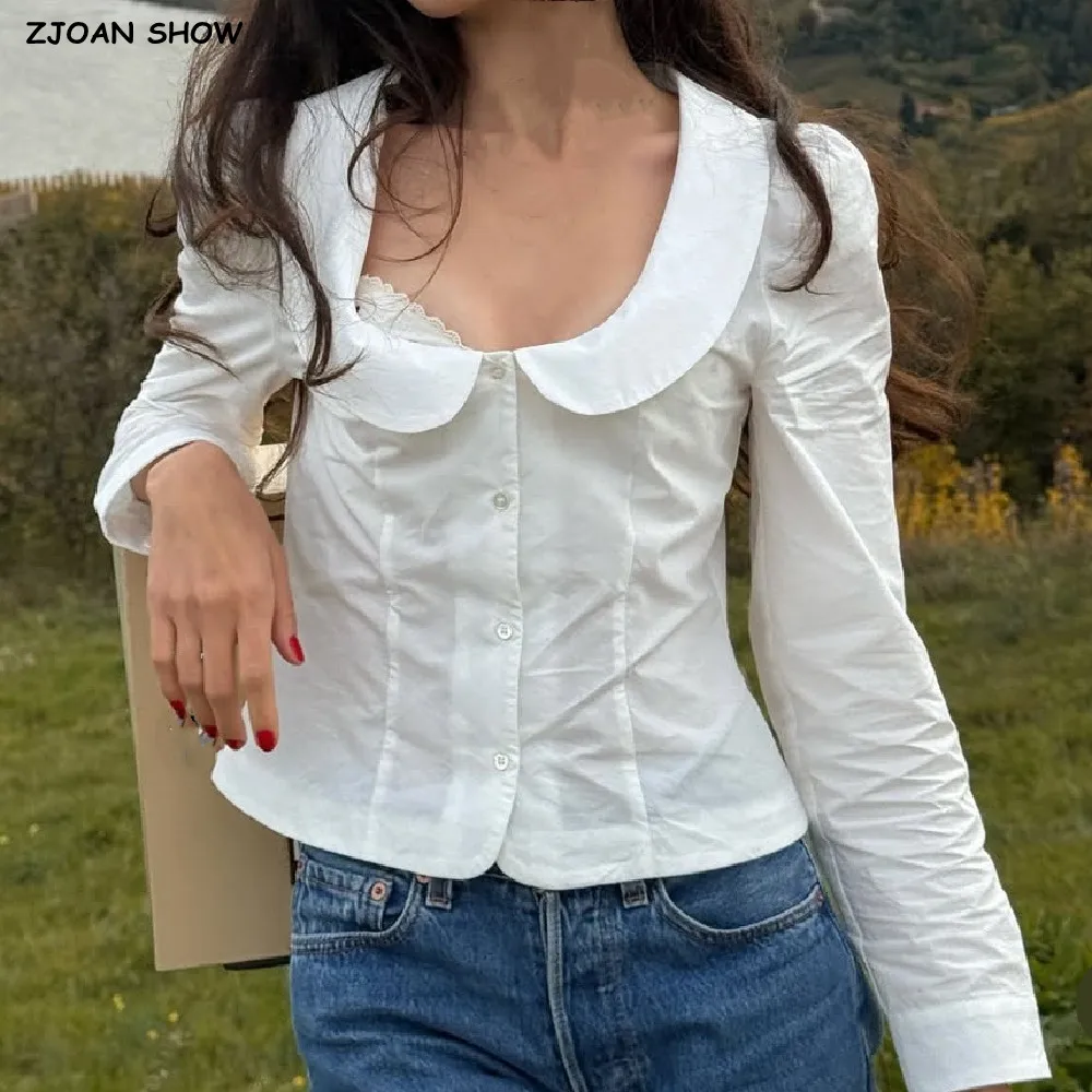 Zoete lente witte Peter Pan kraag lange pofmouwen dames single-breasted knoppen slanke taille korte blouse tops CHIC