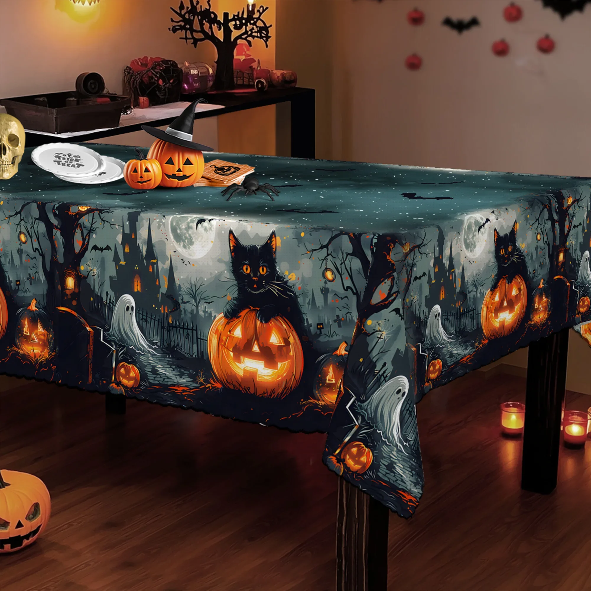 Happy Halloween tablecloth, featuring a retro black cat, pumpkin, ghost, castle, bat and moon design.PMJ